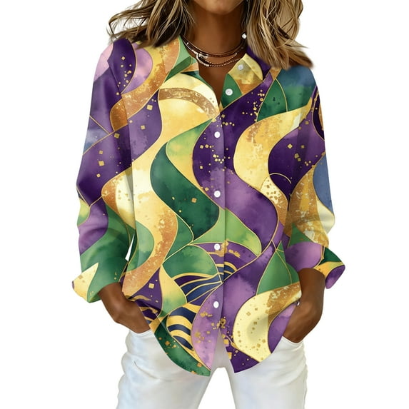 Womens Mardi Gras Shirts Carnival Party Long Sleeve Button Down Blouses Funny Graphic Masquerade Party Tshirt