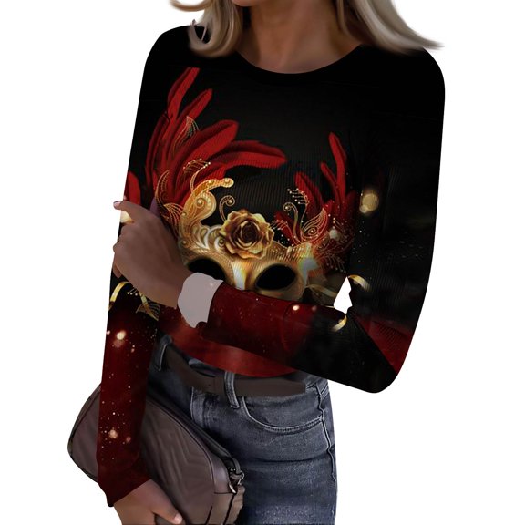 Womens Mardi Gras Shirts Carnival Sparkly Crew Neck Tunic Tops Sequins Long Sleeve Purple Blouse Wine S