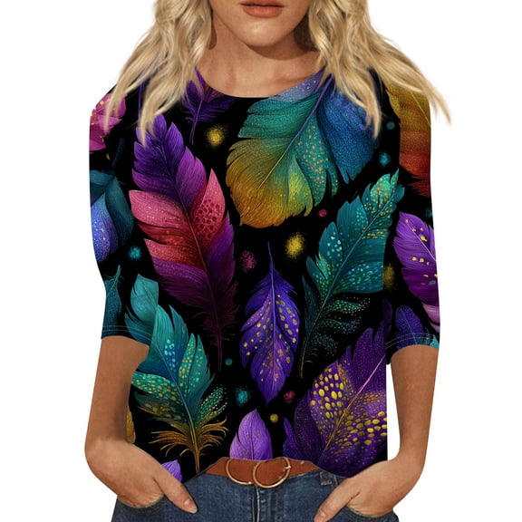 Womens Mardi Gras Shirts Casual 3/4 Sleeve T-Shirts Funny Carnival Mask Printed Tunic Tops Holiday Round Neck Blouses Loose Three Quarter Length Pullover Dark Blue 3XL