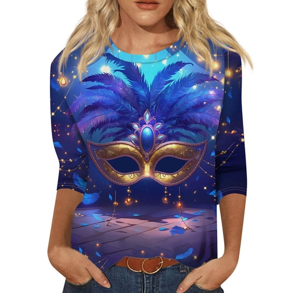 Womens Mardi Gras Shirts Casual 3/4 Sleeve Tunic Tops Funny Carnival Mask Graphic T-Shirts Holiday Crew Neck Pullover Party Three Quarter Length Blouses Light Blue M