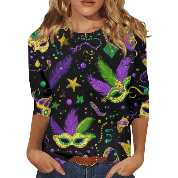 Womens Mardi Gras Shirts Casual 3/4 Sleeve Tunic Tops Funny Carnival Mask Graphic T-Shirts Loose Round Neck Blouses Party Three Quarter Length Pullover Purple 5XL