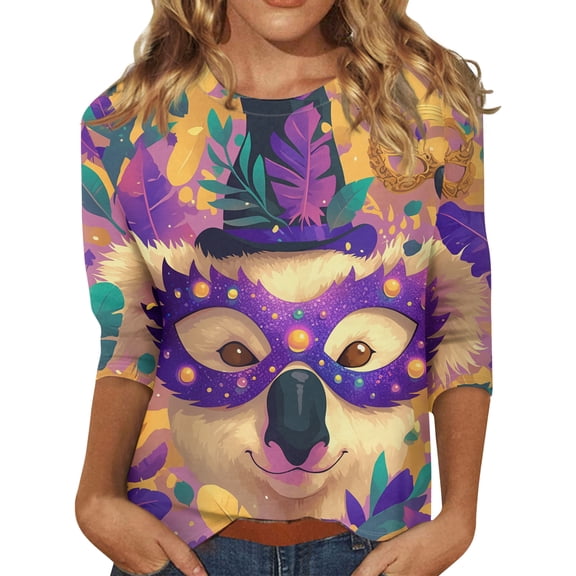 Womens Mardi Gras Shirts Casual 3/4 Sleeve Tunic Tops Funny Carnival Mask Printed T-Shirts Holiday Round Neck Pullover Loose Three Quarter Length Blouses Khaki 2XL