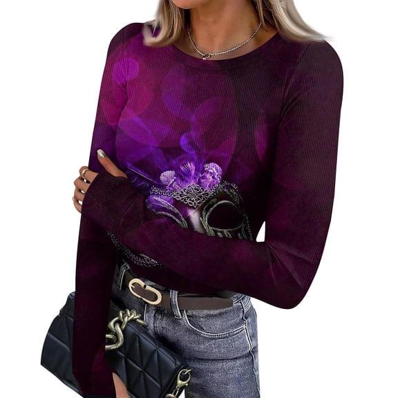 Womens Mardi Gras Shirts Feathers Print Glitter Crew Neck T Shirts Mask Print Long Sleeve Purple Tunic Tops Purple Pink 2XL