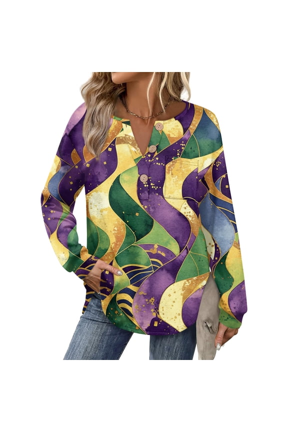 Womens Mardi Gras Shirts Feathers Print Mask Print Long Sleeve Tops Sequins V Neck Purple Tunic Tops Yellow L