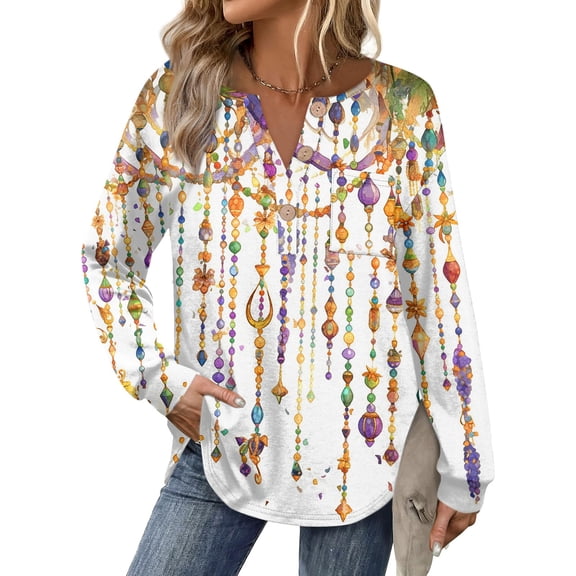 Womens Mardi Gras Shirts Feathers Print Sequins V Neck Tops Glitter Long Sleeve Novelty Graphic Tee White 2XL