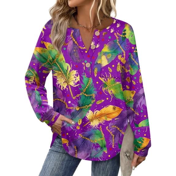 Womens Mardi Gras Shirts Feathers Print Sparkly V Neck Tops Glitter Long Sleeve Novelty Graphic Tee Dark Purple 2XL