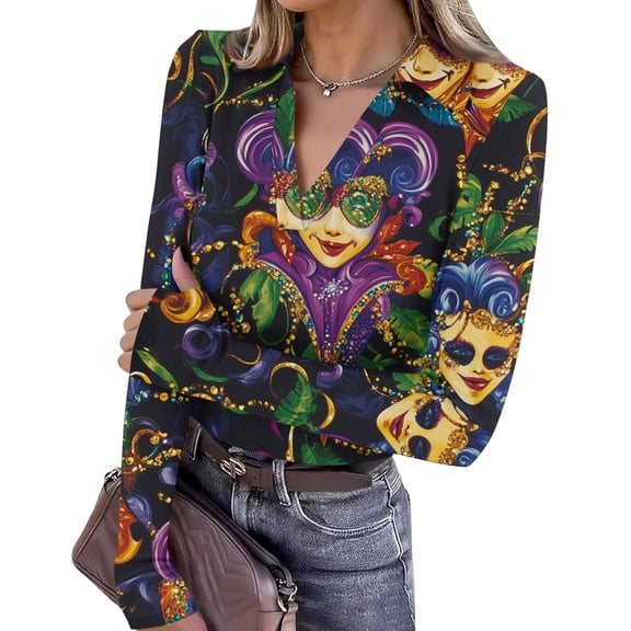 Womens Mardi Gras Shirts Glitter Carnival Long Sleeve T Shirts Mask Print V Neck Holiday Graphic Tee Green L