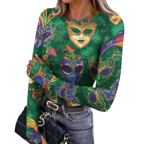Womens Mardi Gras Shirts Glitter Feathers Print Long Sleeve T Shirts Sequins Crew Neck Holiday Graphic Tee Dark Green L