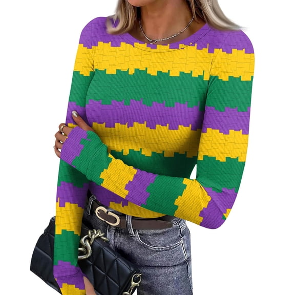 Womens Mardi Gras Shirts Glitter Mask Print Crew Neck Tunic Tops Sequins Long Sleeve Gold Graphic Tee Green S