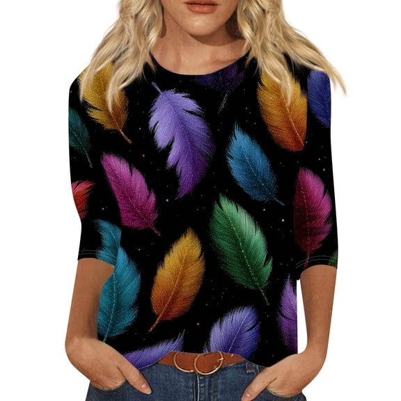 Womens Mardi Gras Shirts Holiday 3/4 Sleeve Tunic Tops Funny Carnival Mask Printed T-Shirts Party Crew Neck Pullover Casual Three Quarter Length Blouses Black S