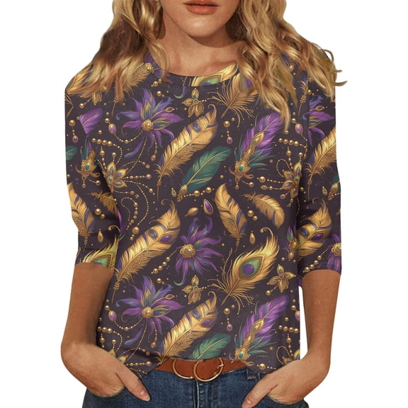 Womens Mardi Gras Shirts Loose 3/4 Sleeve T-Shirts Funny Carnival Mask Graphic Tunic Tops Casual Round Neck Blouses Holiday Three Quarter Length Pullover Light Purple 5XL