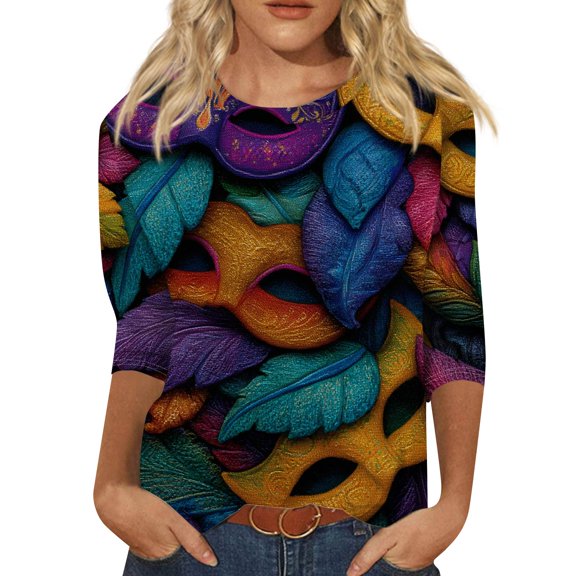 Womens Mardi Gras Shirts Loose 3/4 Sleeve T-Shirts Funny Carnival Mask Printed Tunic Tops Casual Round Neck Blouses Party Three Quarter Length Pullover Blue S