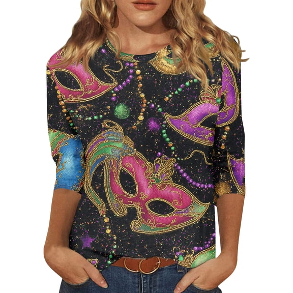 Womens Mardi Gras Shirts Loose 3/4 Sleeve T-Shirts Funny Carnival Mask Printed Tunic Tops Party Crew Neck Blouses Casual Three Quarter Length Pullover Watermelon Red 4XL