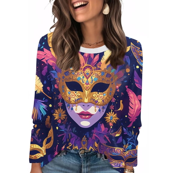 Womens Mardi Gras Shirts Mask Print Carnival Crew Neck T Shirts Sparkly Long Sleeve Gold Graphic Tee Navy XL