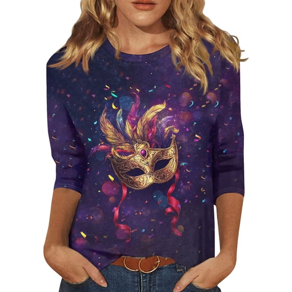 Womens Mardi Gras Shirts Party 3/4 Sleeve T-Shirts Funny Carnival Mask Printed Tunic Tops Holiday Crew Neck Blouses Casual Three Quarter Length Pullover Dark Purple 2XL