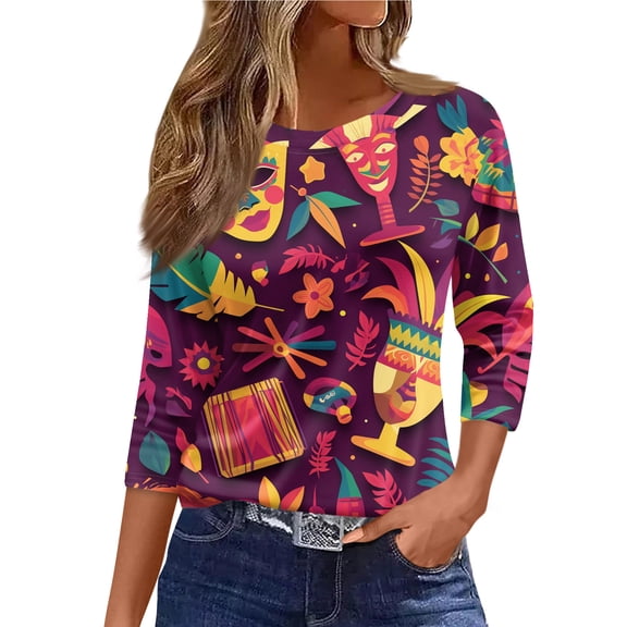 Womens Mardi Gras Shirts Party 3/4 Sleeve Tunic Tops Funny Carnival Mask Printed T-Shirts Holiday Round Neck Pullover Casual Three Quarter Length Blouses Wine M