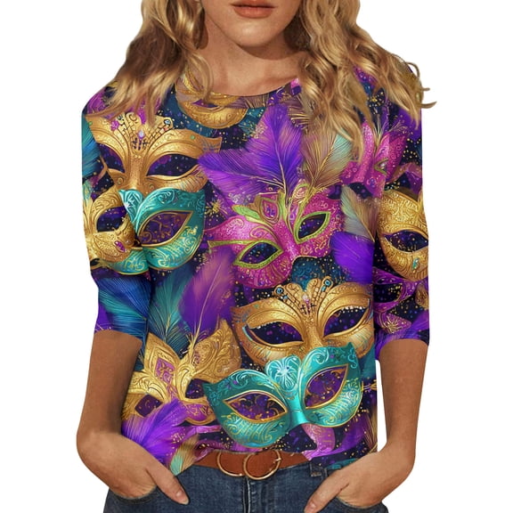 Womens Mardi Gras Shirts Plus Size Casual 3/4 Sleeve T-Shirts Funny Carnival Mask Printed Tunic Tops Holiday Round Neck Blouses Party Three Quarter Length Pullover Gold 5XL