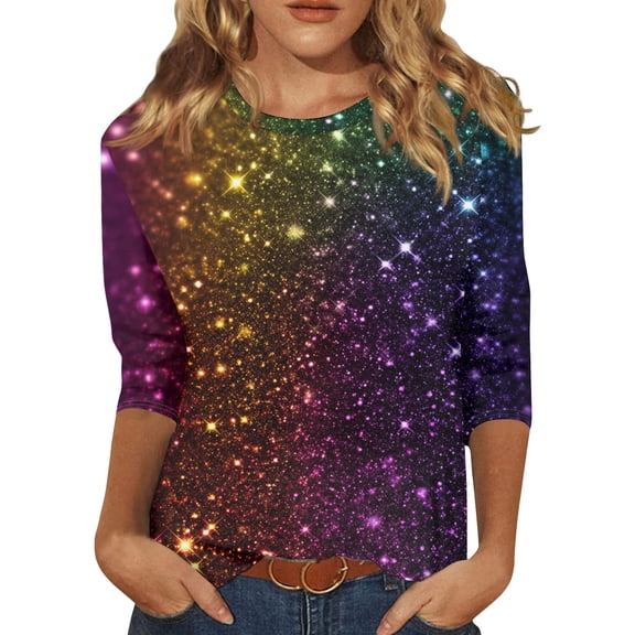 Womens Mardi Gras Shirts Plus Size Party 3/4 Sleeve Tunic Tops Funny Carnival Mask Graphic T-Shirts Loose Crew Neck Blouses Holiday Three Quarter Length Pullover Navy S