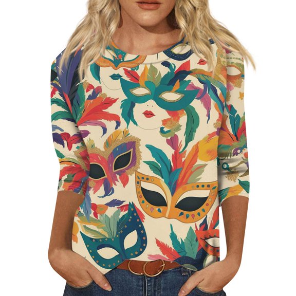 Womens Mardi Gras Shirts Plus Size Party 3/4 Sleeve Tunic Tops Funny Carnival Mask Graphic T-Shirts Loose Round Neck Blouses Holiday Three Quarter Length Pullover Beige L