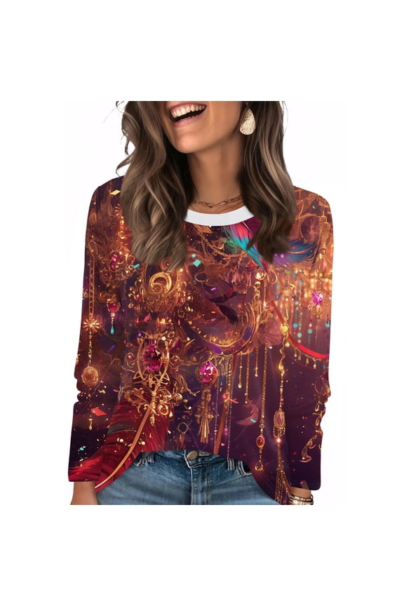 Womens Mardi Gras Shirts Sequins Carnival Long Sleeve T Shirts Feathers Print Crew Neck Gold Blouse Cyan M