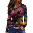 thumbnail image 1 of Womens Mardi Gras Shirts Sequins Feathers Print Crew Neck Blouse Carnival Long Sleeve Purple Tunic Tops Hot Pink M, 1 of 6