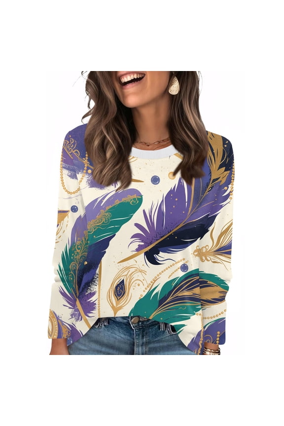 Womens Mardi Gras Shirts Sequins Feathers Print Long Sleeve Tops Glitter Crew Neck Party Tunic Tops Dark Purple M