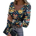 thumbnail image 1 of Womens Mardi Gras Shirts Sequins Feathers Print V Neck Tops Mask Print Long Sleeve Party Tunic Tops Sky Blue 2XL, 1 of 7