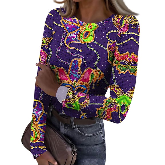 Womens Mardi Gras Shirts Sequins Glitter Crew Neck Graphic Tee Sparkly Long Sleeve Green Tunic Tops Light Green XL