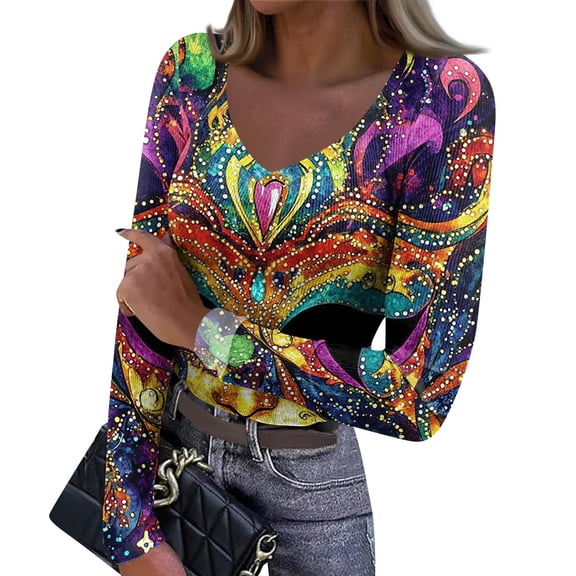 Womens Mardi Gras Shirts Sequins Glitter Long Sleeve Tops Sparkly V Neck Holiday Blouse Green 2XL