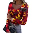 thumbnail image 1 of Womens Mardi Gras Shirts Sparkly Sequins V Neck Blouse Feathers Print Long Sleeve Gold Tunic Tops Red L, 1 of 7
