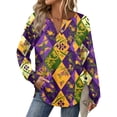 thumbnail image 1 of Womens Mardi Gras Shirts Sparkly Sequins V Neck Tops Feathers Print Long Sleeve Party T Shirts Yellow M, 1 of 5