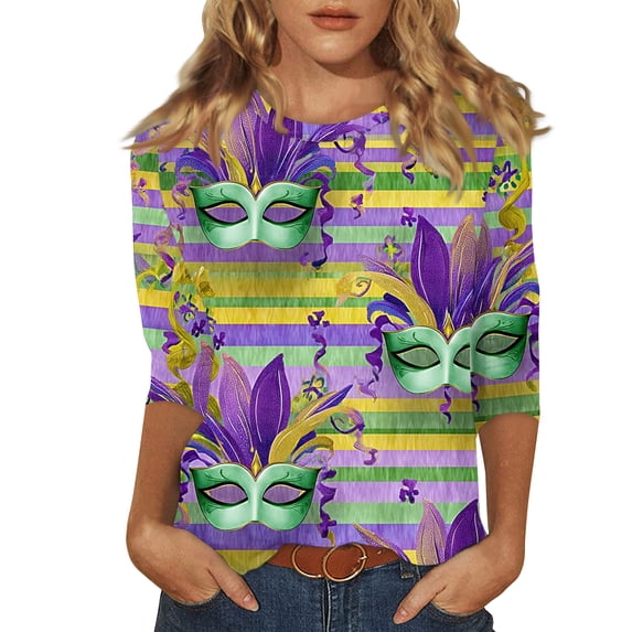 Womens Mardi Gras Top 3/4 Sleeve Carnival Shirt, Casual Crew Neck Blouse for 2026 Carnival Party
