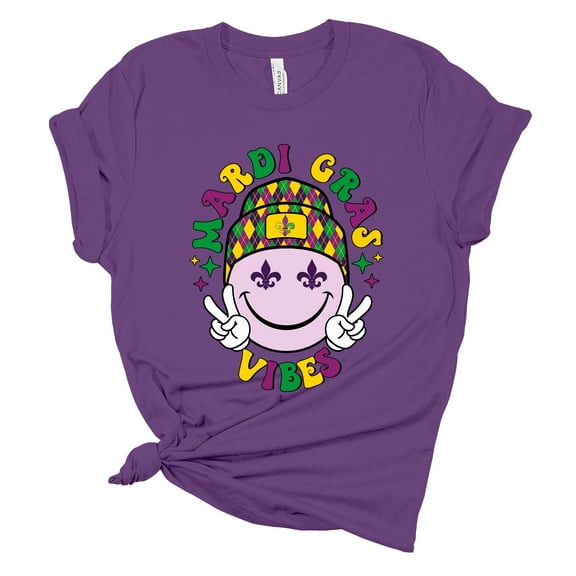 Womens Mardi Gras Tshirt Mardi Gras Vibes Smiley Short Sleeve T-shirt-Purple-6xl