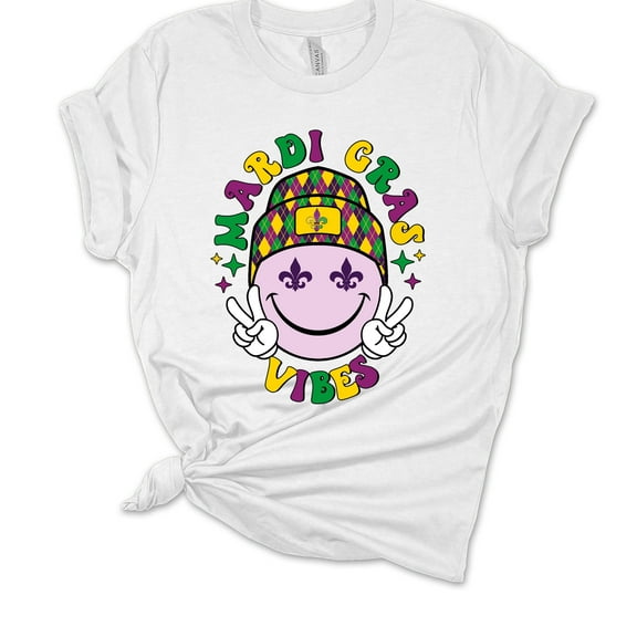 Womens Mardi Gras Tshirt Mardi Gras Vibes Smiley Short Sleeve T-shirt-White-small