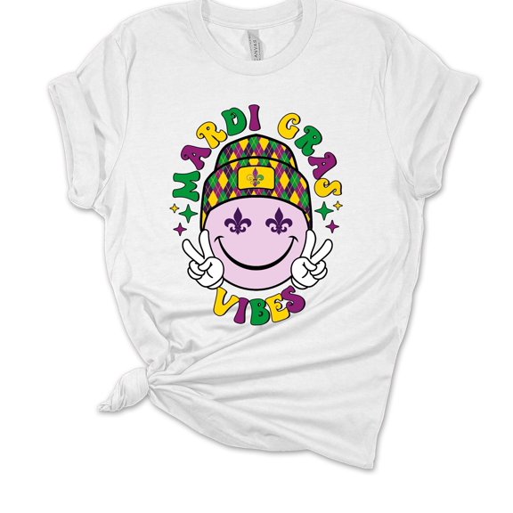 Womens Mardi Gras Tshirt Mardi Gras Vibes Smiley Short Sleeve T-shirt-White-xxl