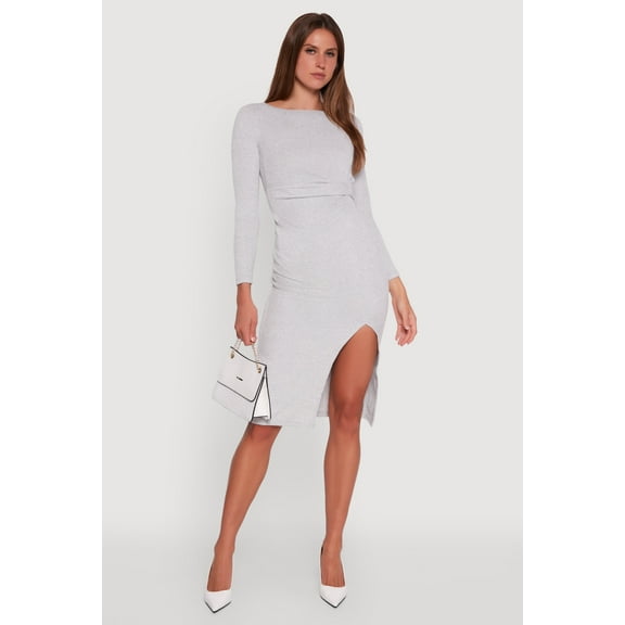 Womens Marled Boat Neck Ruched Side Slit Midi Dress