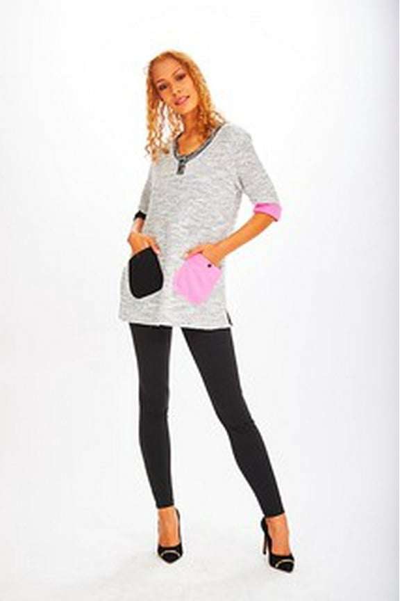 Womens Marled Heather Grey Top with 3/4 Sleeves and front pockets