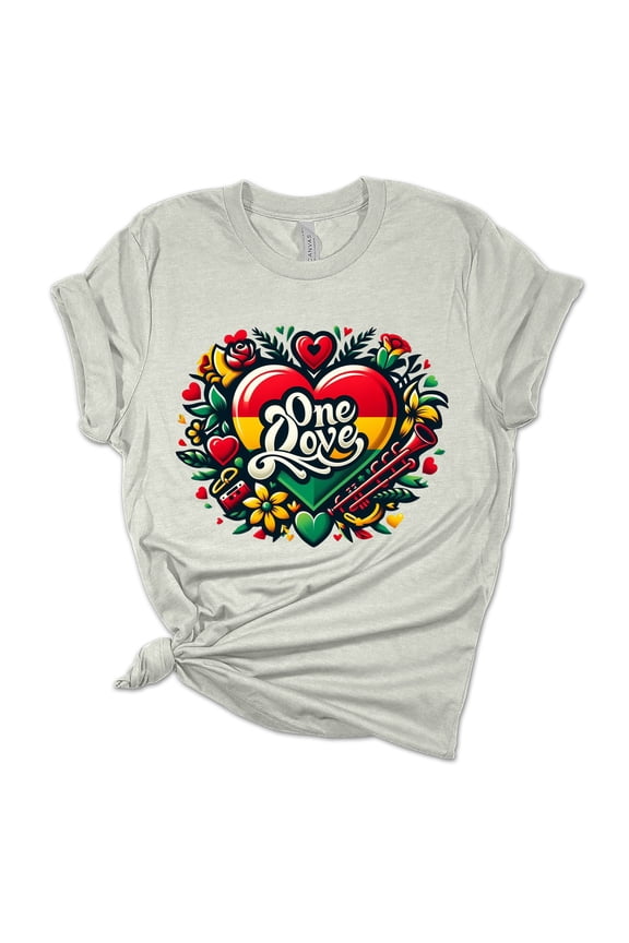 Womens Marley Tshirt One Love Heart Rasta Flag Short Sleeve T-shirt-Athletic Heather-medium