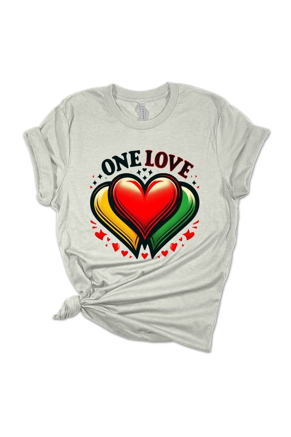 Womens Marley Tshirt One Love Rasta Three Hearts Short Sleeve T-shirt-Athletic Heather-medium