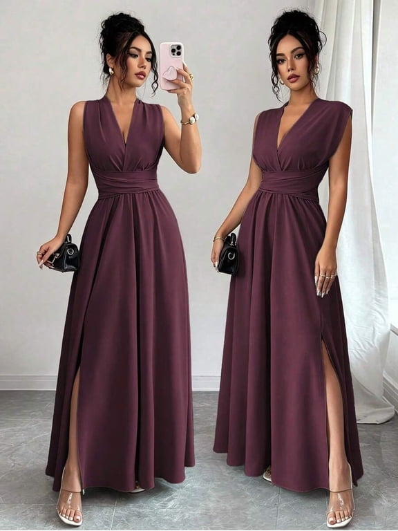 Womens Maroon Sleeveless V-Neck Maxi Dress With Side Slit & Bow Back
