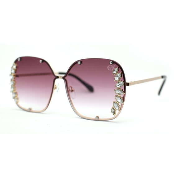 Womens Marquise Cut Rhinestone Floral Trim Rimless Butterfly Sunglasses Gold Purple