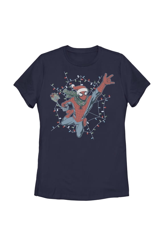 Womens Marvel Christmas Lights Web Swing T Shirt
