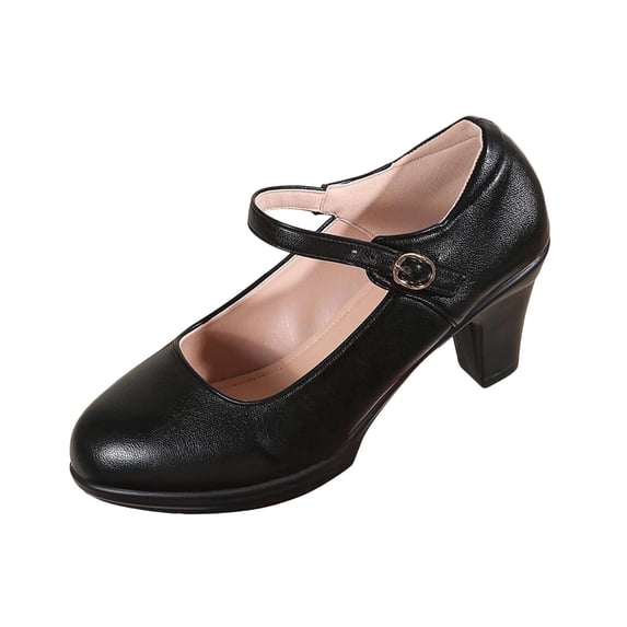 Womens Mary Jane Block Heel Pumps Comfortable Dress Shoes Ankle Strap Round Toe Faux Faux Leather Black,Size 7.5