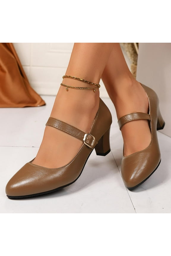 Womens Mary Jane Low Heels Closed Square Toe Shoes (Brown 6)