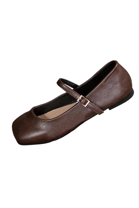 Womens Mary Jane Flats - Brown Square Toe PU Faux Leather Shoes with Buckle Strap for Women, Comfortable Work & Casual Ballet Flats,Size 7.5
