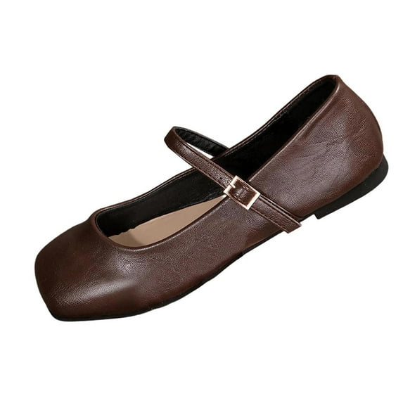 Womens Mary Jane Flats - Brown Square Toe PU Faux Leather Shoes with Buckle Strap for Women, Comfortable Work & Casual Ballet Flats,Size 9.5