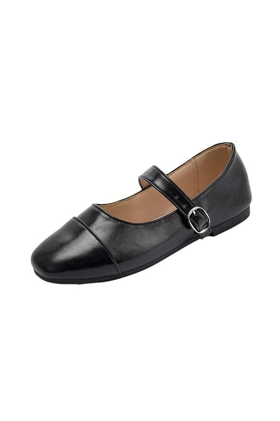 Womens Mary Jane Flats Cap Toe Square Toe PU Faux Leather Adjustable Strap Comfortable Retro Casual Shoes Black,Size 5.5