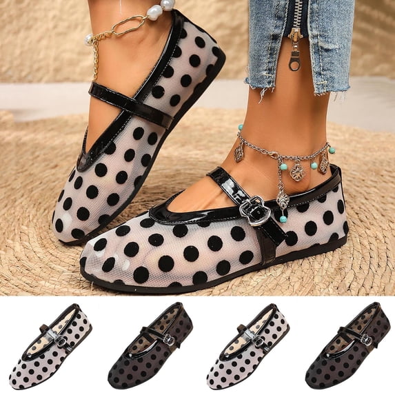 Womens Mary Jane Flats Spring New Arrival Hollow Out Round Toe Retro Polka Dot Flat Shoes for Daily Walking