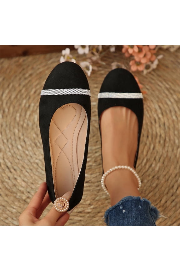 Womens Mary Jane Flats Trendy Round Toe Rhinestone Flats Comfort Slip On Strap Soft Sole Casual Versatile Dressy Flat Shoes Black 8.5
