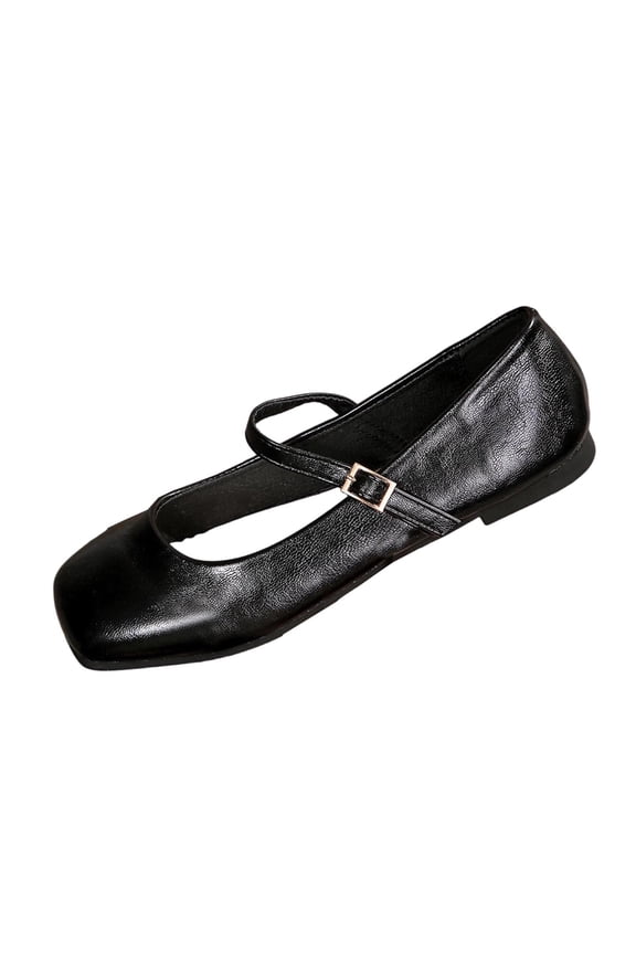 Womens Mary Jane Flats with Square Toe & Adjustable Buckle - Black PU Faux Leather Comfort Work & Casual Shoes,Size 7